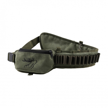 Pas na amunicje Forsport zamszowy z kieszeniami 12/16 mm - oliwkowy, haft jeleń ryczy