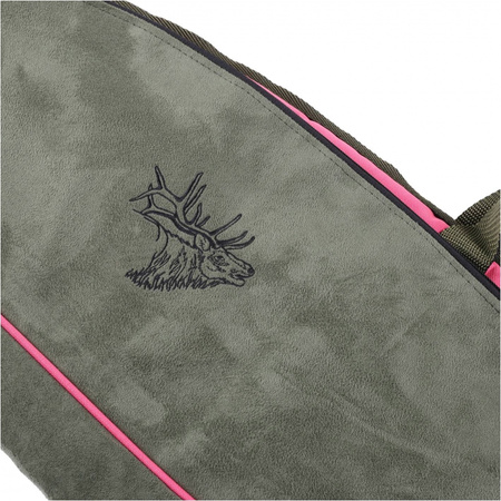Pokrowiec na broń Forsport zamszowy 125 cm - zielono-różowy, haft czarna głowa jelenia