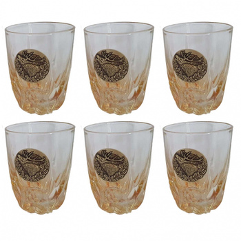 Szklanki do whisky Golden Fox Amber Fire Deer Gold zdobione odlewanym elementem, bursztynowy natrysk 6 szt.