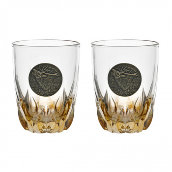 Szklanki do whisky Golden Fox Amber Fire Deer Gold zdobione odlewanym elementem, bursztynowy natrysk 2 szt.