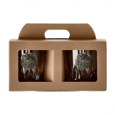 Szklanki do whisky Golden Fox Amber Fire Deer Gold zdobione odlewanym elementem, bursztynowy natrysk 2 szt.