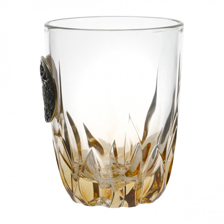 Szklanki do whisky Golden Fox Amber Fire Deer Gold zdobione odlewanym elementem, bursztynowy natrysk 2 szt.