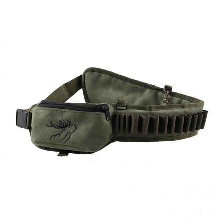 Pas na amunicje Forsport zamszowy z kieszeniami 12/16 mm - oliwkowy, haft jeleń ryczy