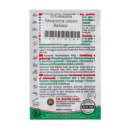 Chusteczka nasączona olejem Ballistol do pielęgnacji drewna, metalu i tworzywa